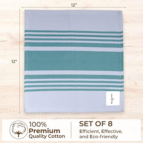 Urban Villa Cotton Dish Cloth Set of 8, Highly Absorbent Super Soft Quick Drying 12x12 Inch Dish Cloths for Kitchen Cleaning & Drying Dishes Mitered Corner Trendy Stripes Kitchen Towels - Aqua/White