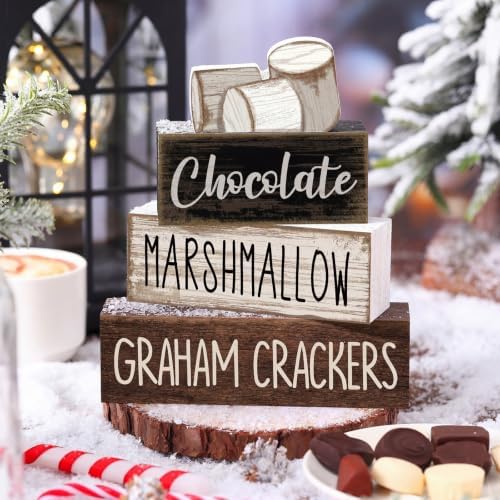 Moucuny 4 Pcs Wooden Block Signs Farmhouse Table Tiered Tray Smores Theme
