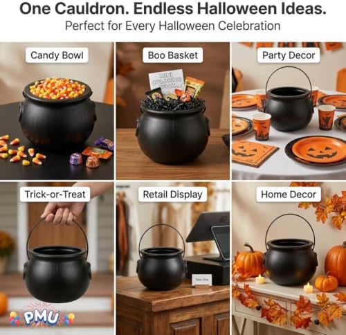 PMU 6inch Halloween CauldronSmall Witch Plastic Cauldron Bowl Black, for Halloween Décor