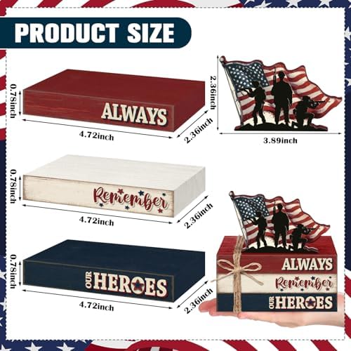 Geelin 4 Pcs 4th of July Wooden Book Stack Sign Decor, 250th Anniversary Patriotic Red White USA Tabletop Decoration with Soldier and American Flag, Rustic Farmhouse Tiered Tray Decor for Home Office