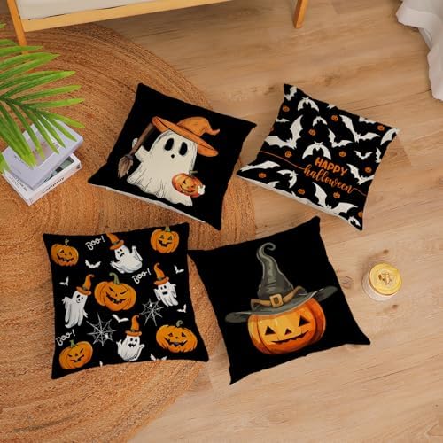 YeeJu Set of 4 Halloween Pillow Covers 18x18 Inch Cute Ghost Pumpkin Decor Throw Pillow Covers Black Plaid Happy Halloween Cushion Covers Linen Pillow Cases for Home Outdoor Sofa Couch (18 by 18)