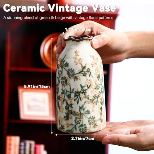 Vintage Vase Ceramic Crackle Floral Vase for Farmhouse Retro Home Bookshelf Living / Rustic / Green