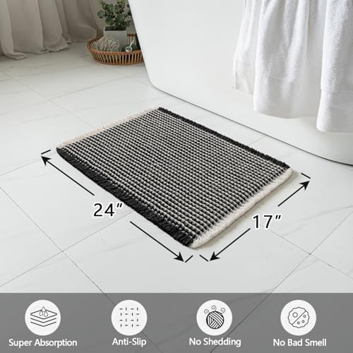 MIULEE Set of 2 Waffle Bathroom Rugs Boho Bath Mat Black&Cream 17x24 Inch