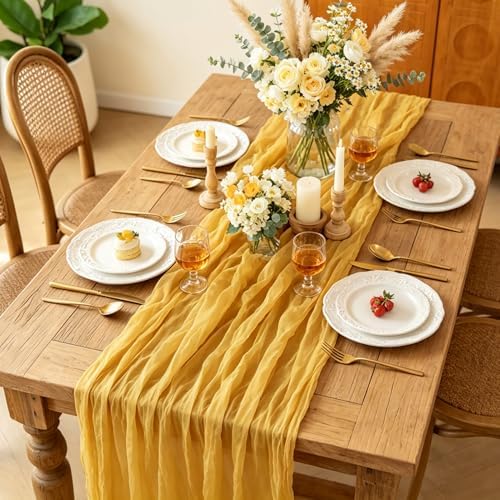 6Pcs Yellow Table Runner, 10FT Rustic Gauze Gold Table Runner 35*120inch Boho Table Runners for Wedding Bridal Shower Birthday Baby Shower Table Centerpiece Decorations