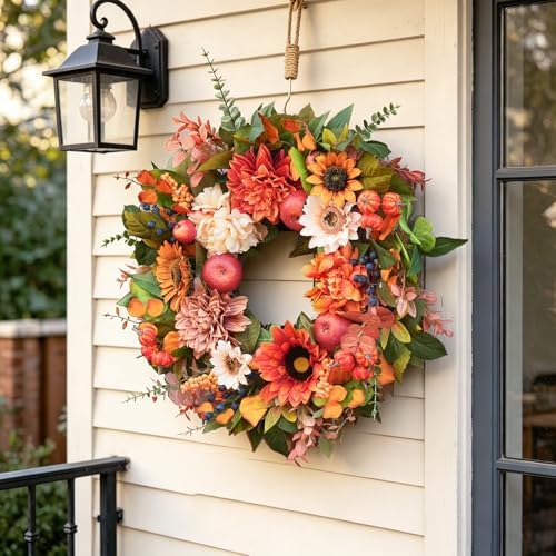 24 Inch Fall Wreaths for Front Door, Apple Wreath Artificial Autumn Wreath