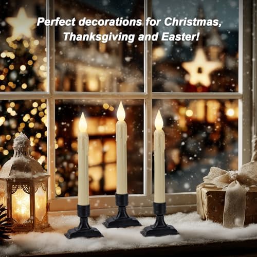 6 Pcs Sensor Dawn to Dusk Window Candles, Flickering Battery Candles for Windows, Ultra Bright Fake Candle Lights with Black Holders, Led Candlesticks for Xmas Home Decor, White Light