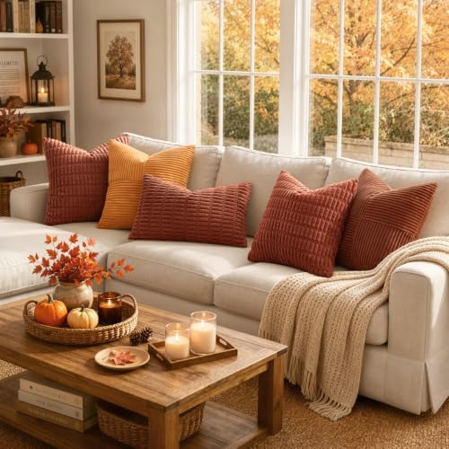 MIULEE Fall Corduroy Decorative Throw Pillow Covers 16x16 Rust Pack of 2