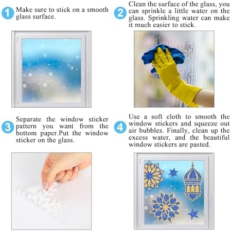 Whaline 6 Sheet Glitter Ramadan Window Clings Window Decal Blue-Gold Eid Mubarak Moon Star Reusable Anti-Collision Glass Decor for Home School Office Muslim Al Fitr Party Supplies