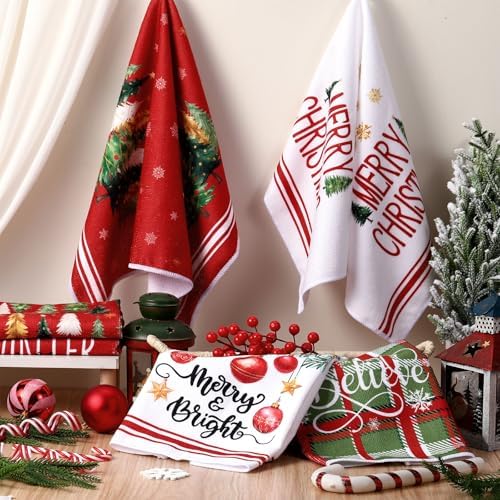 Oudain 6 Pcs Christmas Kitchen Towels Red Green Xmas Tree Tea Dishtowels Decorative Plaid Bathroom Hand Towel Farmhouse Red Green Christmas Decorations for Kitchen Bath Housewarming Home Gifts