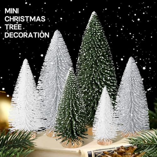 6pcs Mini Christmas Trees Christmas Decor, Artificial Christmas Mini Bottle Brush Trees Tabletop, Christmas Decoration Trees with 4 Size Xmas Holiday Decor (6pcs Green+Silver+White)