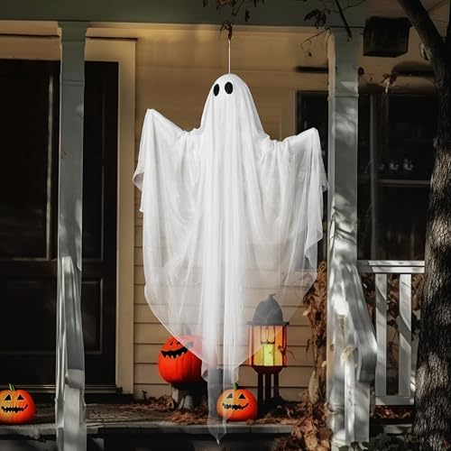 JOYIN Halloween Hanging Light up Ghost, 47” White Ghosts with Blue LED Light and Timer Halloween Hanging Decoration Waterproof for Front Yard Patio Lawn Garden Party Decor Indoor Outdoor