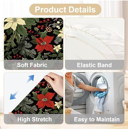 Flower Chair Covers for Dining Room – Festive Holiday Floral Print Slipcovers with Red Poinsettia, Pinecones & Holly – Stretch Washable Dining Chair Protector for Winter Decor, Parties