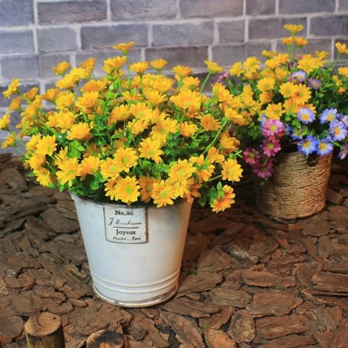 alyptus Artificial Mums for Outdoors 16 Bundles UV Resistant Plants Yellow Faux Sile Daisy Fake Plastic Eucalyptus for Fall Decor