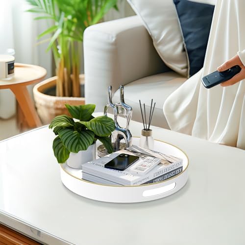 MAONAME 13" White Decorative Tray, Plastic Round Serving Tray with Handles