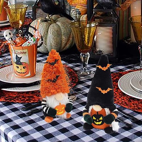 Attiigny Halloween Gnome Decorations,2 PCS Handmade Pumpkin Bat Ornaments Swedish Tomte Nordic Dwarf Nisse Festival Santa Gnome for Halloween Party Home and Office Decor