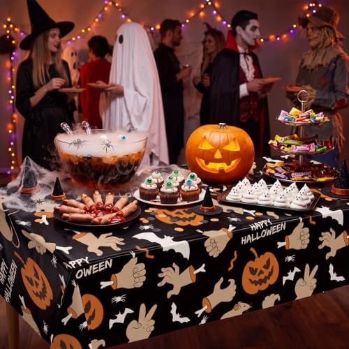 6 Pack Halloween Tablecloth, 54" x 108"Disposable Plastic Table Cloths Cute Pumpkin Ghost Hand Halloween Table Covers for Home Decor Halloween Party Decorations