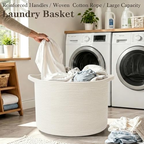 115L Extra Large Woven Cotton Rope Blanket Basket-White