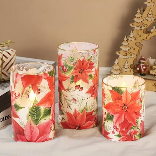 Crystal Club Red Poinsettia Christmas Flameless Candles with Remote