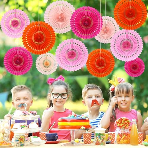 BestoFun 12PCS Paper Fans Orange and Hot Pink Party Decorations Tissue Paper Flowers Hanging Paper Fans Party Decorations for Girl Groovy Birthday Baby Shower Wedding Bachelorette Room Wall Décor