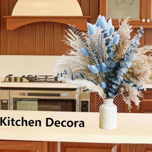 Dusty Blue Dried Flower Bouquet with Pampas Grass, Bunny Tails, Lavender and Eucalyptus, Beige Boho Floral Arrangement
