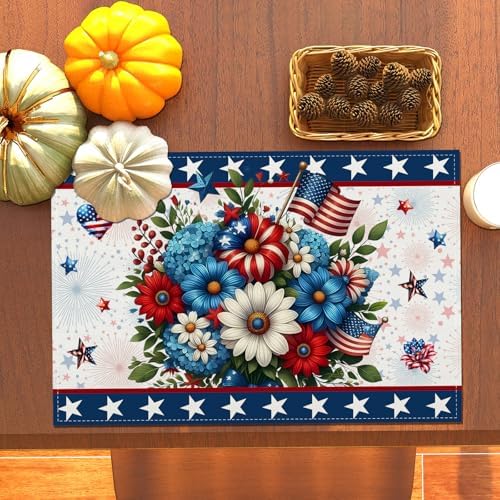Memorial Day Patriotic 4th of July Placemats Set of 4,Red White and Blue Flowers Table Decor Veterans Day Independence Day Decorations and Supplies for Home Kitchen Table-12×18''