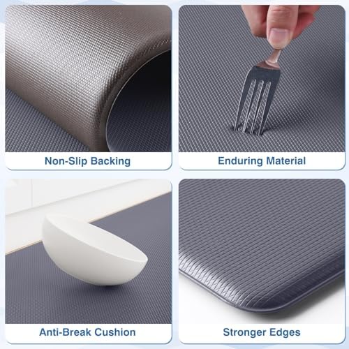 StepRite Kitchen Mats for Floor, 2-Piece Anti-Fatigue Kitchen Rugs, Grey
