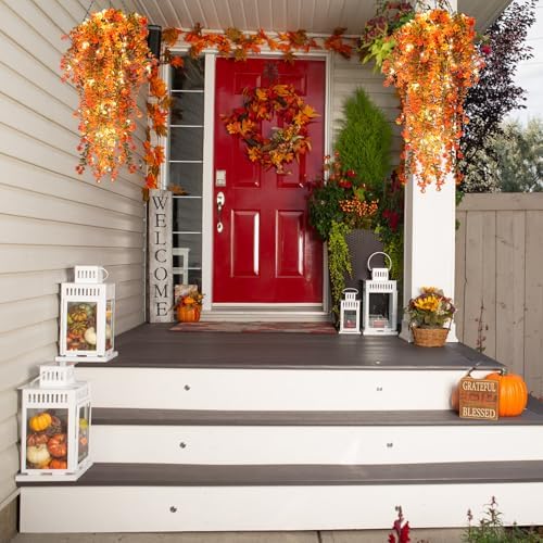 RECUTMS Fall Decor Artificial Flowers Faux Hanging Plants with Lights 3Pcs