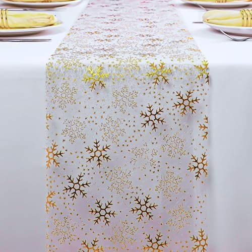 Snowkingdom 2 Pcs Christmas Snowflake Gold Table Runner Sparkly Golden Metallic Foil Runners Decorations Glitter for Winter Festival Holiday Home Party Seasonal