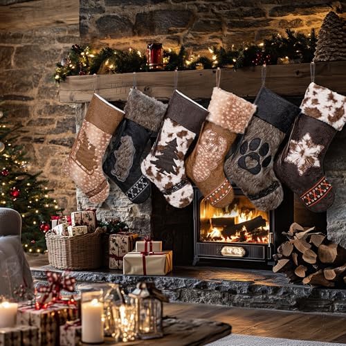 LUBOT Christmas Stockings Set of 6, Western Cowboy 20" Rustic Farmhouse Fireplace Hanging Décor Neutral Embossed Leather & Plush Faux Fur with Tassel Accents Large Family Xmas Stockings