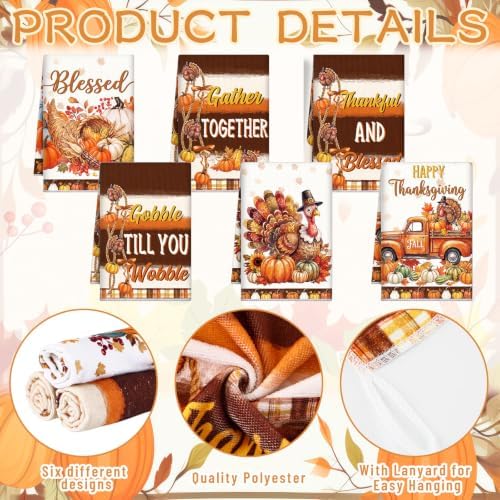 Redbaker 6 Pcs Thanksgiving Kitchen Towels, Turkey Pumpkin Funny Dish Towel, Fall Absorbent Farmhouse Decorative Fast Drying Tea Dishcloth with Hanging Loop for Kitchen Bathroom Home Housewarming Gift