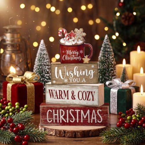 Moucuny 4 Pcs Christmas Coffee Table Decor for Home Kitchen, Wooden Cocoa