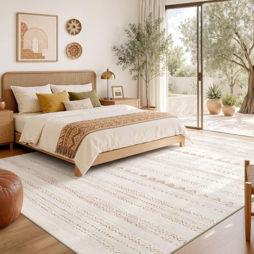 Nakagishi Area Rug Living Room Rugs: 8x11 Large Soft Machine Washable Boho Moroccan FarmNeutral Stain Resistant Indoor