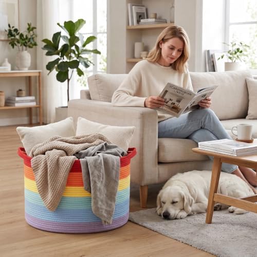 90L Large Blanket Basket,Rope Woven Laundry Basket-Rainbow