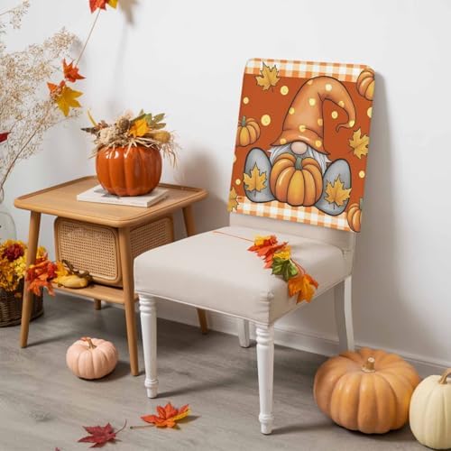 Fall Chair Covers Set of 4 Pumpkin Gnome Chair Slipcover Protector Removable Stretch Chair Covers Maple Leaf Orange Buffalo Plaid Thanksgiving Chair Back Covers for Dining Chairs Kitchen Holiday Party
