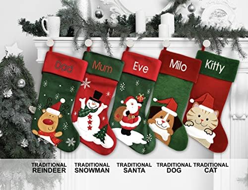 Personalized Christmas Stocking - Reindeer Design - Embroidered Name - Large 18.5inch, Traditional Red and Green, Family Holiday Season Décor