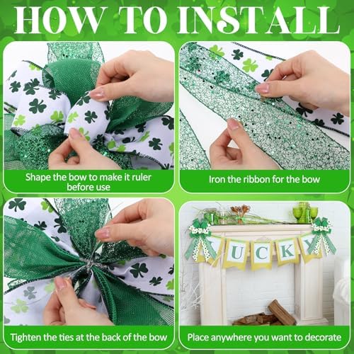Suncalla 4 Pack Large Spring Bows for Wreath 21x11 Inch Green Shamrock Tree Topper Bow Clover Burlap Bowknot Holiday Crafts with Wired Edge for Basket Front Door Wall Outdoor Decor Ornament