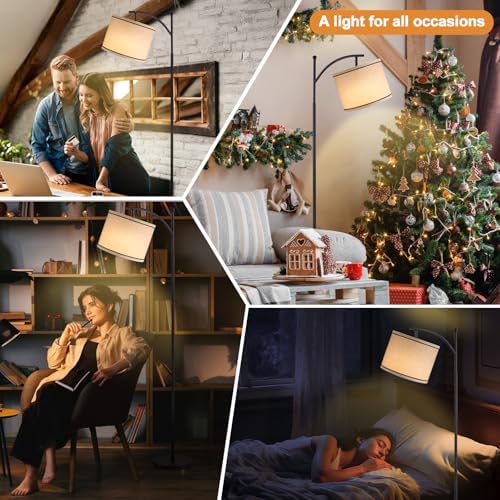 Ambimall 60" Floor Lamp for Living Room with 3 Color Temperatures, Beige Lampshade with Black Stripes, Tall Lamp for