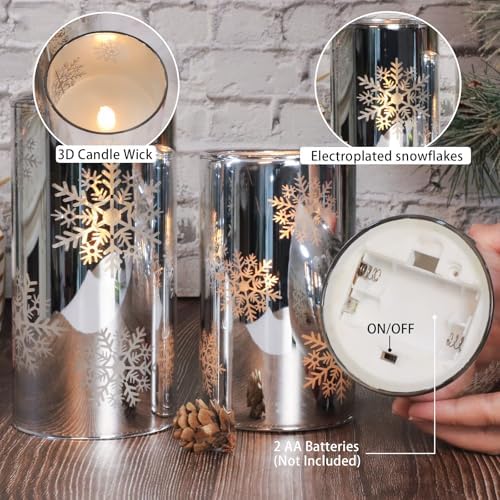 Crystal Club Christmas Flameless Candles with Remote, Set of 3, Snowflake Plating Battery Operated LED Candles, Glass Effect Pillar Candle Flickering with Remote for Home Decor