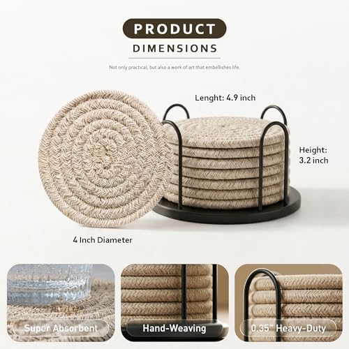 Lazebox Coasters Set of 8 for Drinks, 4 Inch Large Coasters for Coffee Table, Tabletop Protection for Hot & Cold