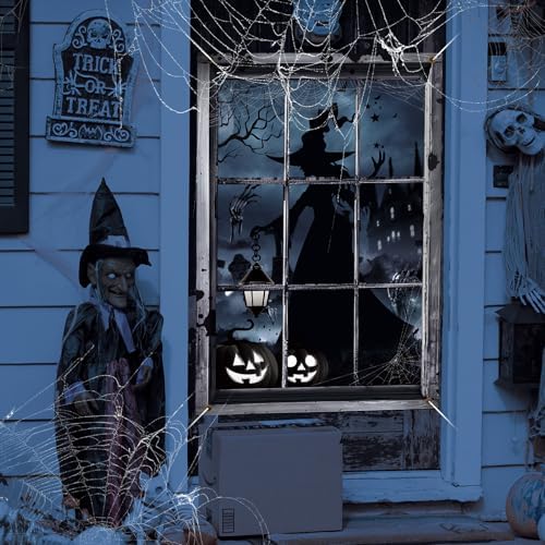 Preboun 2 Pcs Halloween Witch Window Clings Decoration Scary Halloween Window Silhouette Cover Curtain Poster for Wall Garage Door Home Indoor Outdoor Party Favors