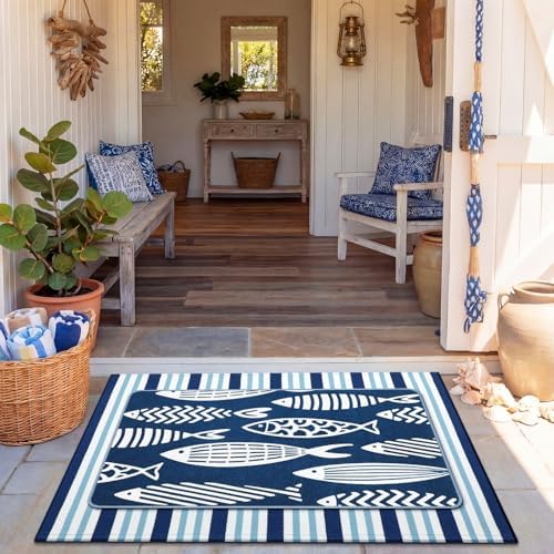 Tinideya 2 Pcs Coastal Fish Door Mat Outdoor Nautical Beach Welcome Mat