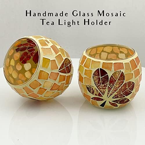 SHMILMH Fall Votive Candle Holder Set of 4, Mosaic Glass tealight Holders with Maple Leave for Halloween Thanksgiving Party Decorations