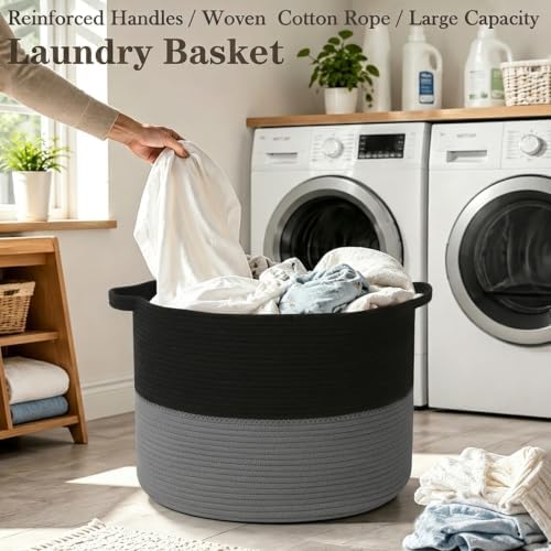 90L Extra Large Blanket Basket,Woven Laundry Basket-Black&Dark Grey