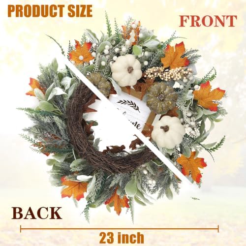 Sggvecsy Fall Wreath 23’’ Autumn Front Door Wreath Harvest Wreath with Welcome Sign Pumpkins Maple Leaves Lambs Ear Pine Needles for Outside Indoor Wall Festival Thanksgiving Autumn Decor