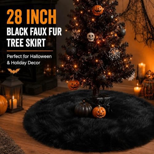 28 Inch Black Faux Fur Christmas Tree Skirt for Halloween Decorations