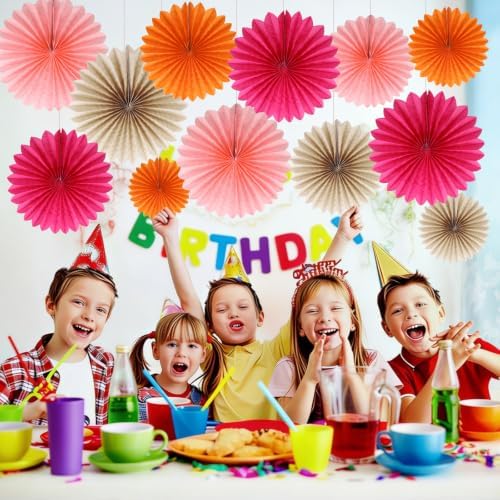BestoFun 12PCS Orange Light Pink Paper Fans & Tissue Paper Flowers - Party Decorations Set for Birthday, Wedding, Bridal Shower, Reusable Easy Assemble Wall & Ceiling Decor