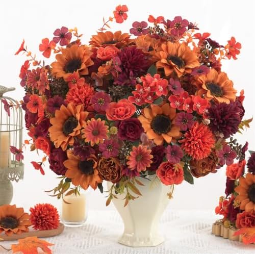 Mixed 10 Pcs Fall Artificial Sunflower Peony Bouquet, Burnt Orange Burgundy Silk Faux Flower, Autumn Faux Floral Arrangements for Wedding Table Centerpiece DIY Thanksgiving Farmhouse Outdoor Decor