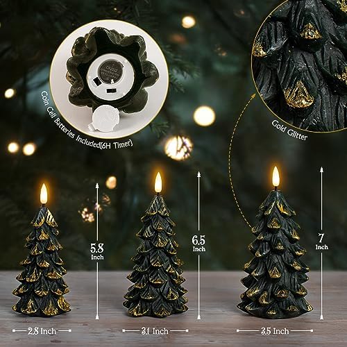 Green Christmas Tree Shaped Flameless Candles with Timer, Real Wax 3D Wick Flickering Battery Operated LED Candles for Christmas Home Party Decoration Set of 3