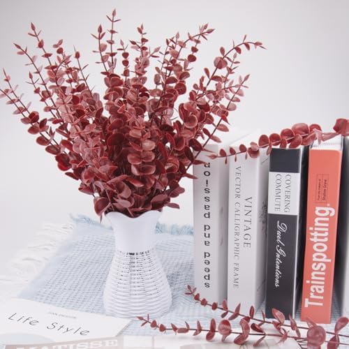 FEQO 36 Pcs Dark Red Artificial Eucalyptus Stems 15" Faux Eucalyptus Branch