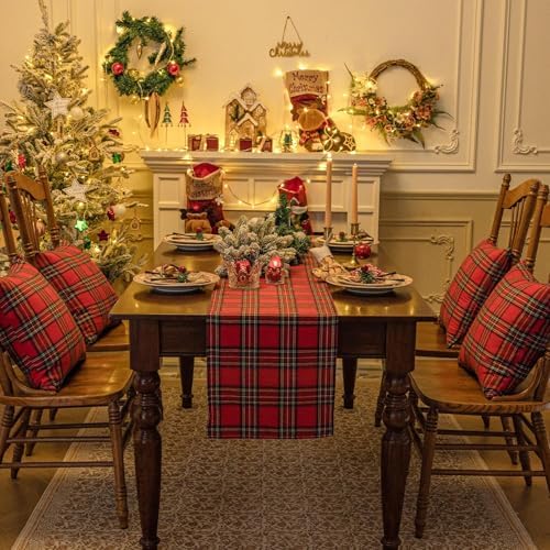 Softalker Christmas Checkered Tartan Table Runner, Red, 13 x 70 Inch-2P
